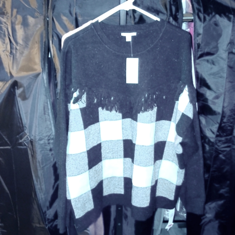 NWT BAR III Shimmering Black, White, and Gray Buffalo Plaid Sweater